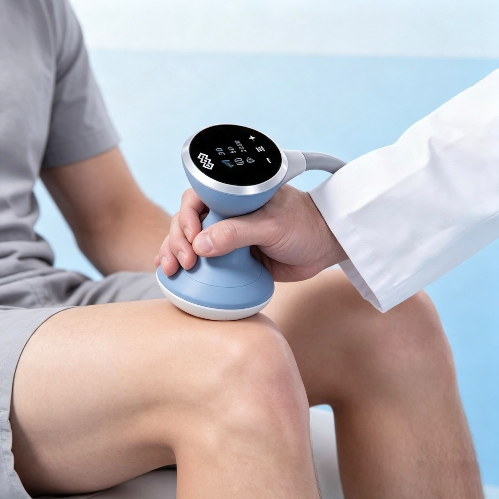Shockwave therapy applied to a client's knee
